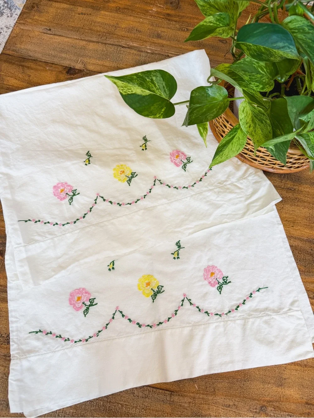 Hand Embroidered Floral Pillowcase Set with Pink and Yellow Blooms